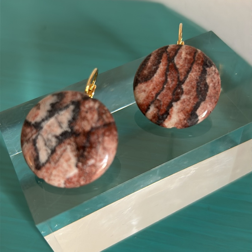 Picture Jasper Polished Gemstone Leverback Quarter Size Round Button Earrings